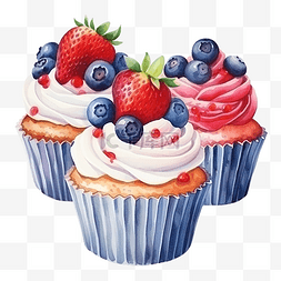 水果杯蛋糕水彩无缝草莓蓝莓