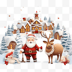 贺卡圣诞快乐图片_与圣诞老人和可爱的驯鹿在雪村庆