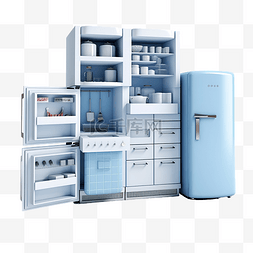 厨房套装中的 3d 插图冰箱