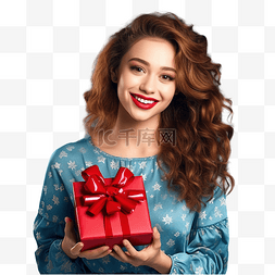 抱着礼盒的女人图片_蓝墙上拿着红色礼盒的圣诞礼服可