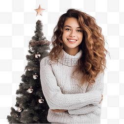 可爱漂亮女孩图片_圣诞树上，一个穿着针织毛衣的漂