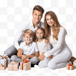 白色壁炉附近的年轻家庭带着圣诞