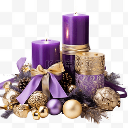紫色和金色图片_木制表面上有蜡烛和紫色和金色装