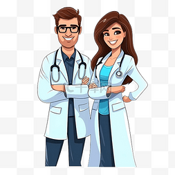 卡通健康安全图片_年轻快乐的医生夫妇卡通平面风格