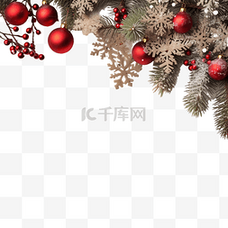 雪松枝图片_喜庆的圣诞边框，冷杉树枝上有红