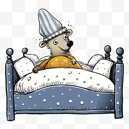 一只卡通狗躺在床上，戴着帽子，