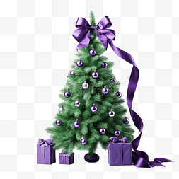 带雪的松树图片_紫色雪中带玩具和丝带的绿色圣诞