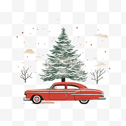 雪景车图片_顶上有树的复古红车圣诞景观卡设
