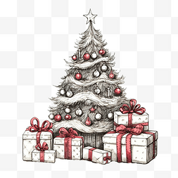 手绘圣诞快乐贺卡，配有圣诞树和