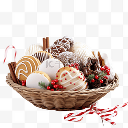 木桌上装饰篮里的圣诞糖果和礼物