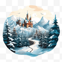 城堡雪景图片_与山和雪的冬季景观