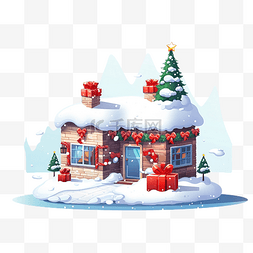 雪屋明信片图片_像素圣诞屋，有雪，屋顶上有一份