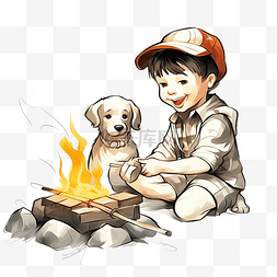 小童子军和他有趣的小狗在篝火上
