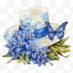帽子主题图片_夏季帽子，上面有花蓝色风信子和