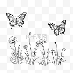 蝴蝶卡通铅笔画风格花园里的动植
