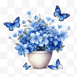 还有还有图片_花盆里有蓝色的花，还有蝴蝶在飞