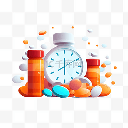 药物处方图片_最小风格的药丸和时钟插图