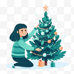 女孩裝飾聖誕樹半平面顏色矢量字