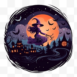 夜间飞行图片_快乐万圣节庆祝卡与女巫在夜间飞