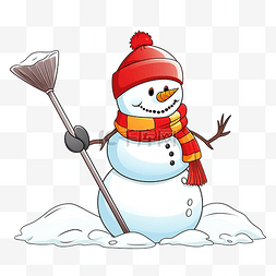 概述了可爱的雪人卡通人物用铲子