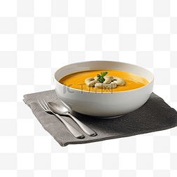 前视图简单的南瓜汤，灰色桌子上