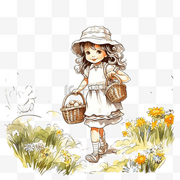 卡通小姑娘图片_夏日，女孩提着篮子在森林空地上