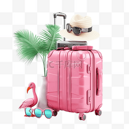 夏季旅行，带粉色手提箱太阳镜冲
