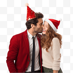戴着圣诞帽的幸福情侣在圣诞树旁