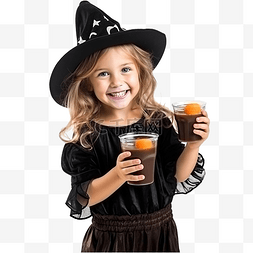 小孩喝的饮料图片_穿着万圣节服装的快乐女孩吃饼干