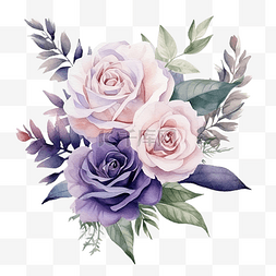 粉色和紫色图片_白色和紫色玫瑰水彩花束带叶子