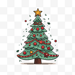 圣诞插图装饰图片_圣诞树上装饰着涂鸦手绘风格的花
