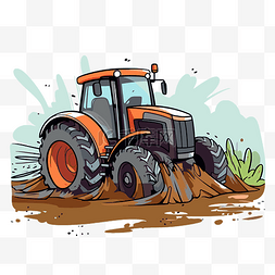 耕作卡通图片_拖拉机在泥坑里犁地剪贴画