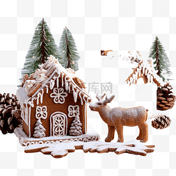 圣诞节麋鹿和雪橇图片_自制姜饼屋，配有驼鹿和雪橇，带