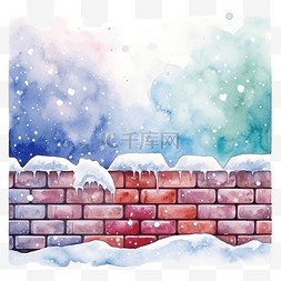 砖家图片_水彩砖栅栏砖墙与雪