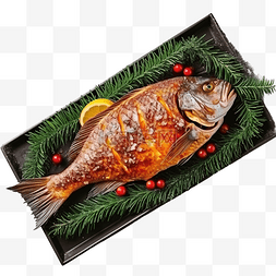 圣诞大餐图片_石桌上的圣诞烤鲤鱼，上面有树木