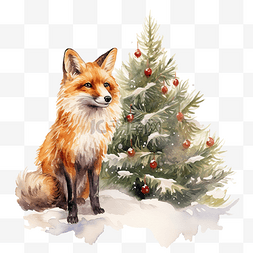 手绘儿童插画设计图片_圣诞树附近一只红狐狡猾的狐狸的