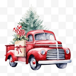水彩手绘圣诞树图片_水彩红色圣诞老式卡车，有树木和
