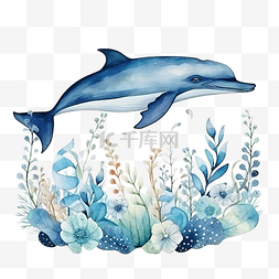 水彩作品与蓝鲸和花朵水下动物艺
