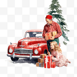 圣诞树和红色汽车附近有礼品盒的
