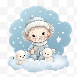 生日贺卡图片_圣诞贺卡与云和婴儿动物婴儿第一