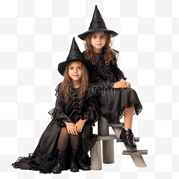 楼梯上玩图片_万圣节，身着女巫服装的姐妹们坐