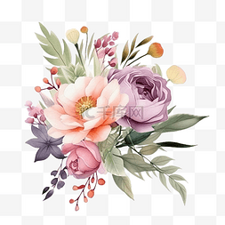 玫瑰花束插画图片_优雅的水彩花花束插画