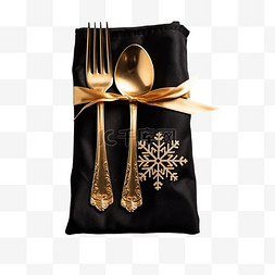 餐具刀和叉图片_圣诞金色餐具，装在小纺织袋中，