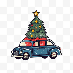 图列图片_屋顶上有圣诞树的汽车驾驶平面矢