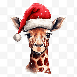 手绘素描圣诞帽图片_圣诞配饰中的长颈鹿手绘肖像