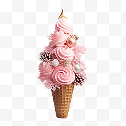 粉红色的冰淇淋图片_蛋卷冰淇淋，上面有圣诞树的树枝