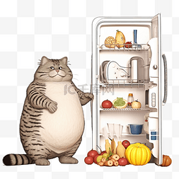 宠物和玩具图片_有趣的肥猫贪食者从家里的冰箱里