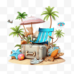 夏季旅行与手提箱沙堡岛伞椰子棕