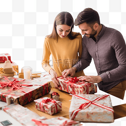 年轻夫妇选择装饰圣诞礼物的包装
