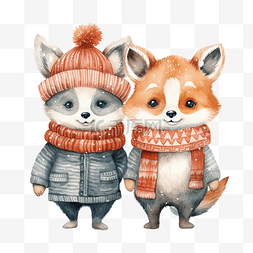 水彩圣诞节和冬季狐狸熊猫鹿熊冬